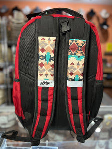 "Ox" Hooey Backpack, Cream/Turquoise Aztec Pattern Pocket and Burgundy Body and Black Patterns
