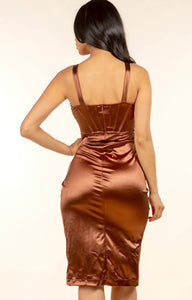 Brown Satin Midi Dress