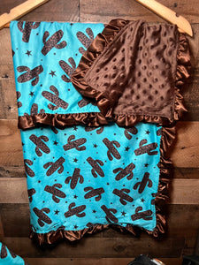 Western Baby Blanket & Car Seat Cover Set - Cactus Desert in Blue and Brown