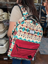Load image into Gallery viewer, &quot;Recess&quot; Hooey Backpack Cream/Turquoise Aztec Pattern Body with Burgundy Pocket and Black Accent
