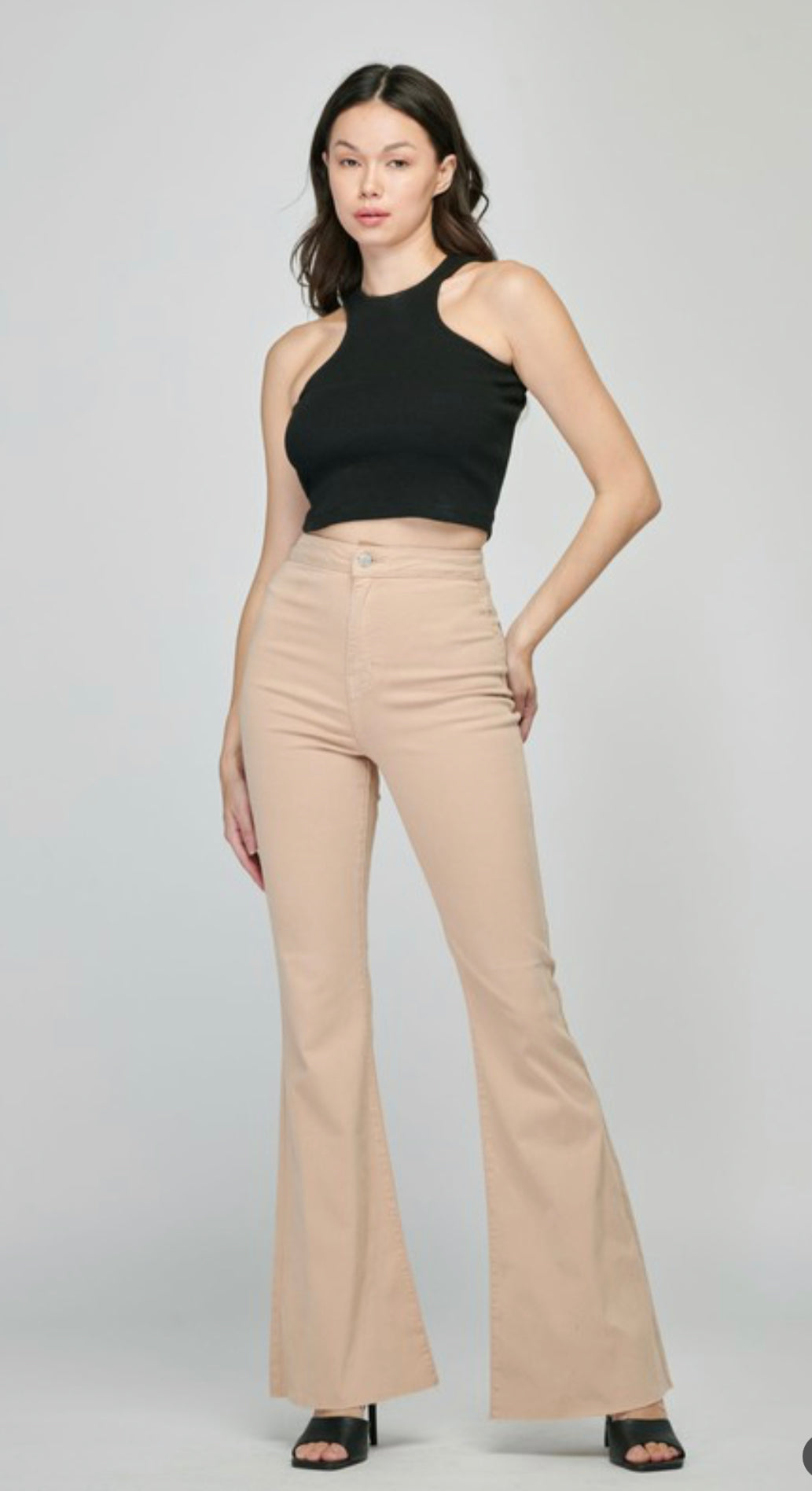 Slim High Rise Flare Jeans in Beige