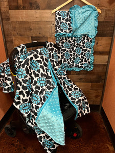 Western Baby Blanket & Car Seat Cover Set - Cow Print on Concho