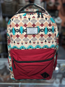 "Recess" Hooey Backpack Cream/Turquoise Aztec Pattern Body with Burgundy Pocket and Black Accent