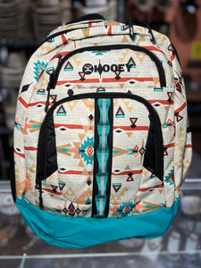 "Ox" Hooey Backpack, Cream/Pink Aztec Pattern Body with Turquoise/Black Accents