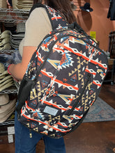 Load image into Gallery viewer, &quot;Rockstar&quot; Hooey Backpack Black/Orange Aztec Pattern Body with Black Accents
