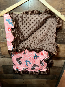 Western Baby Blanket & Car Seat Cover Set - Coral Pink Western Desert and Boots