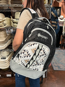 "Ox" Hooey Backpack, White/Cream Aztec Pattern Body with Black/Grey Accents