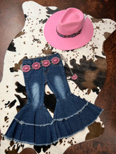 Load image into Gallery viewer, Girls Western Denim Bell Bottom Jeans (Dark Wash)
