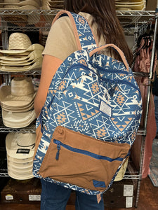 "Recess" Hooey Backpack Navy/White Aztec Pattern Body with Tan Pocket and Black Accents
