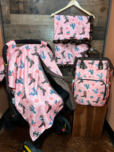 Load image into Gallery viewer, Western Baby Blanket &amp; Car Seat Cover Set - Coral Pink Western Desert and Boots
