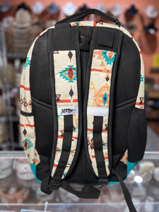 "Ox" Hooey Backpack, Cream/Pink Aztec Pattern Body with Turquoise/Black Accents