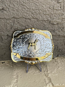 Squared Two Toned Crumrine Belt Buckle - Gold Goat (Chivo)