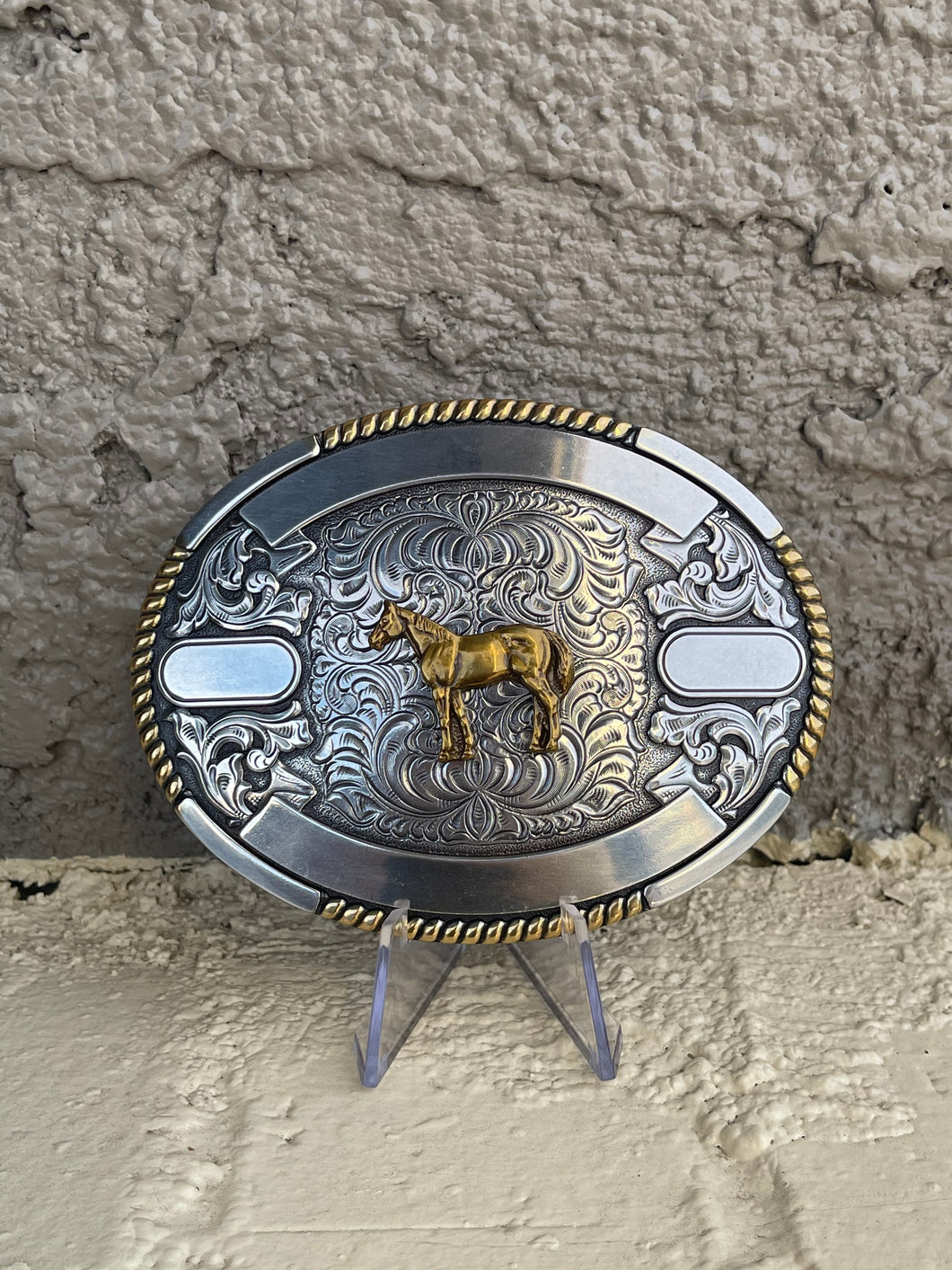 Oval Two Toned Crumrine Belt Buckle - Gold Horse