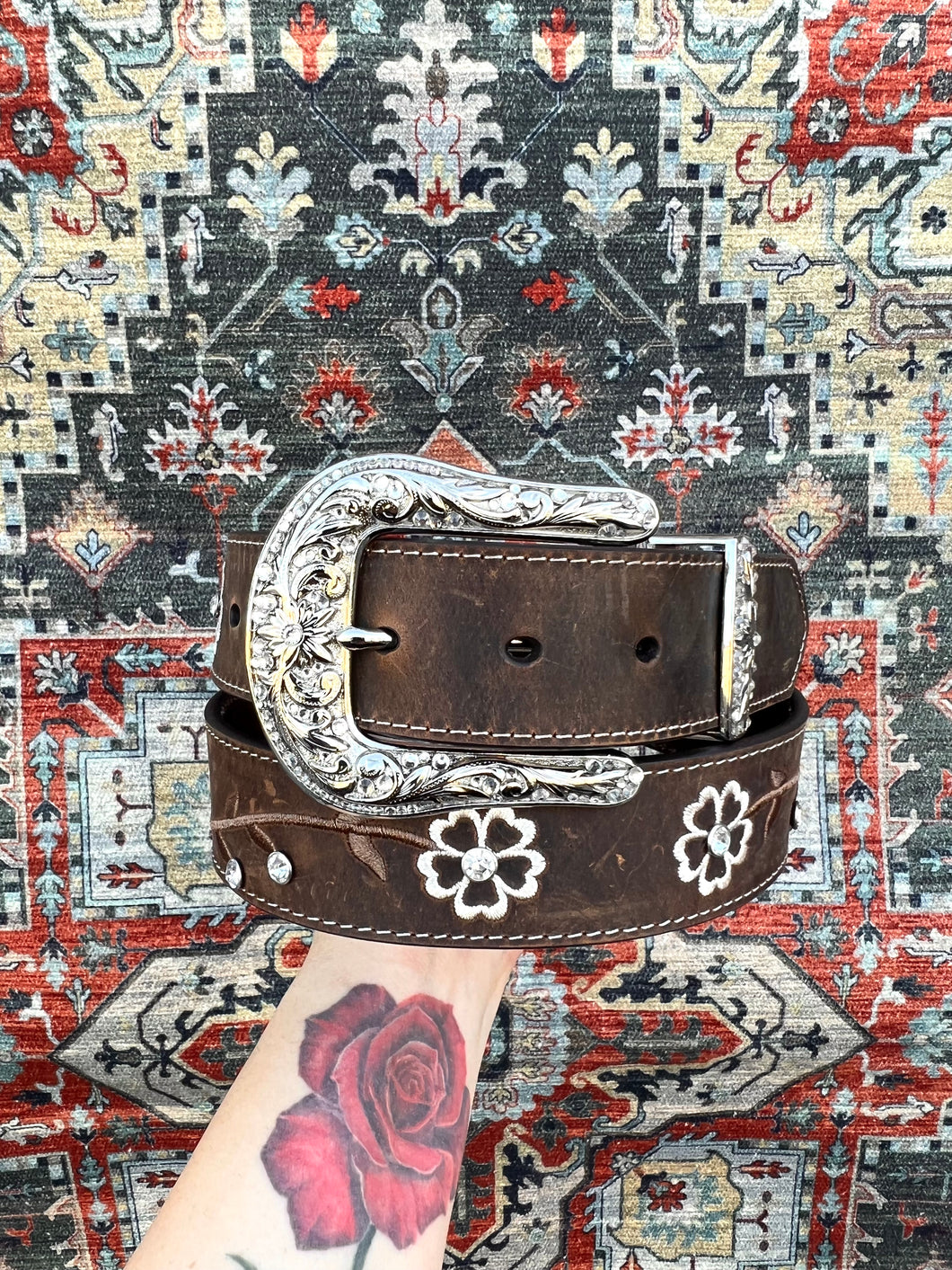 Ariat Women's Leather Belt (Light Distressed Brown) with Flower Embroidery and Crystals