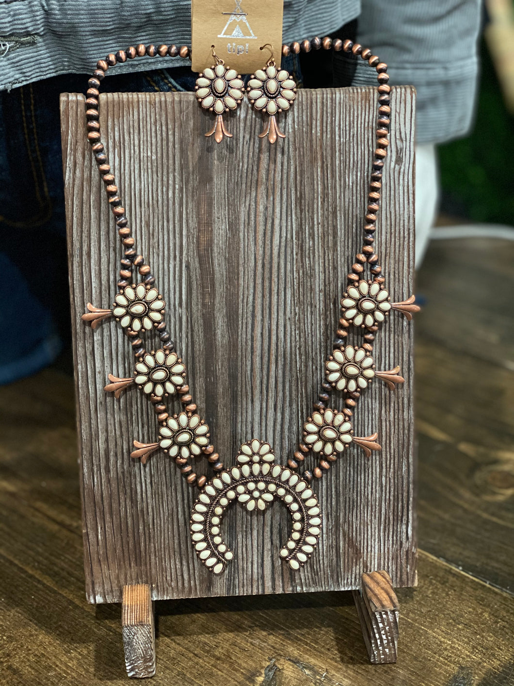 Navajo Necklace Set with Earrings in White/Bronze or Blue/Silver